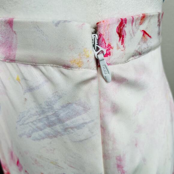 BCBGMaxAzria Asymmetric Tiered Satin Multi Pink White Marbled Midi Skirt Medium - Picture 9 of 13